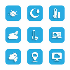 Set Meteorology thermometer, Location cloud, Weather forecast, Cloud with rain and sun, Rainbow clouds, and Sunrise icon. Vector
