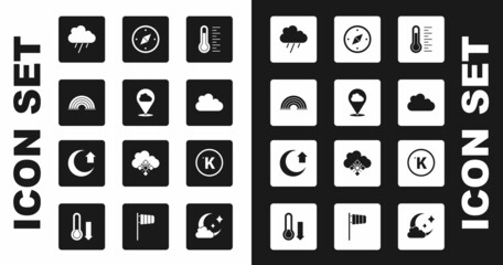 Set Meteorology thermometer, Location cloud, Rainbow, Cloud with rain, Compass, Kelvin and Moon icon. Vector