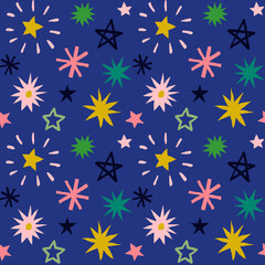 Seamless pattern of multicolor hand drawn stars. Colorful abstract background with fireworks.