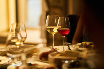 Beautiful glass goblets. glasses for wine. Beverages.