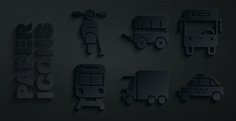 Set Delivery cargo truck, Bus, Train and railway, Taxi, Wild west covered wagon and Scooter icon. Vector