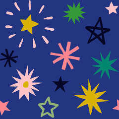 Fototapeta na wymiar Seamless pattern of multicolor hand drawn stars. Colorful abstract background with fireworks.