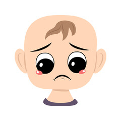 Obraz premium Child with sad emotions, depressed face, down eyes. Head of cute baby with melancholy expression