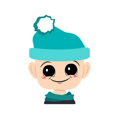 Avatar of a child with big eyes and a wide happy smile in a blue hat with a pompom. Head of a toddler with a joyful face