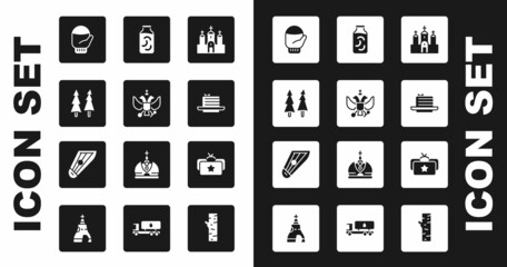 Set Church building, National emblem of Russia, Christmas tree, mitten, Medovik, Pickled cucumbers jar, Ushanka and Kankles icon. Vector