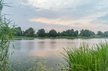 Sunset on Nogat river in Malbork, Poland.