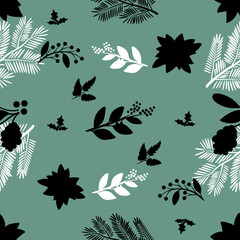 Pretty Greenery Seamless Pattern Vector with Red Poinsettia and Holly Berries