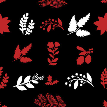 Pretty Greenery Seamless Pattern Vector with Red Poinsettia and Holly Berries