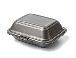 disposable food container. Gray box of polystyrene on a white background