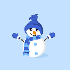 Cute funny snowman in a hat and striped scarf on a blue background. Vector