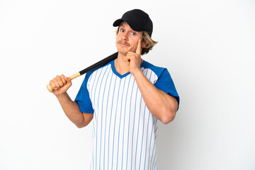 Young blonde man playing baseball isolated on white background thinking an idea