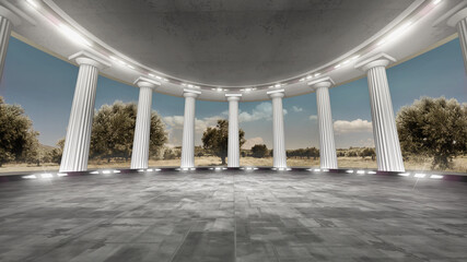 Virtual TV studio background with an ancient temple aesthetic. A CG backdrop Ideal for history shows, documentaries, or educational events. 3D render suitable on VR tracking systems with green screen