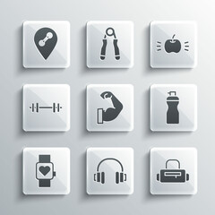 Set Headphones, Sport bag, Fitness shaker, Bodybuilder muscle, Smart watch, Barbell, Location gym and Apple icon. Vector