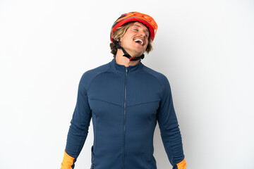 Young blonde cyclist man isolated on white background laughing - obrazy, fototapety, plakaty