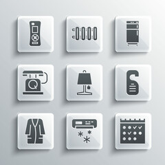 Set Air conditioner, Hotel booking calendar, Please do not disturb, Table lamp, Bathrobe, Telephone handset, Remote control and Refrigerator icon. Vector