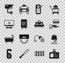 Set Identification badge, Table lamp, Digital door lock, Safe, Smart Tv, Security camera and Bedroom icon. Vector