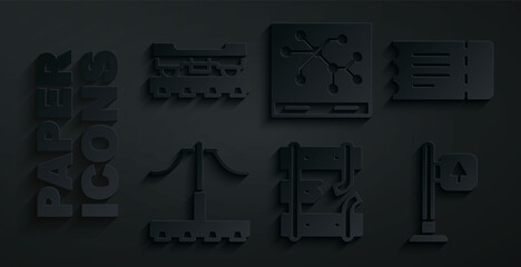 Set Broken rails on a railway, Train ticket, Railway, Road traffic signpost, map and Cargo train wagon icon. Vector