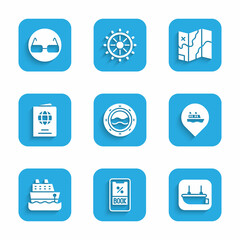 Set Ship porthole with seascape, Cruise ticket, Lifeboat, Location cruise ship, Passport, Folded map and Glasses icon. Vector