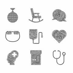 Set IV bag, Medicine bottle and pills, Stethoscope, Grandmother, Male head with hospital, Eyeglasses, and Disco ball icon. Vector