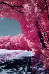 Photo infrarouge - Un paysage surréaliste infrarouge avec des feuilles roses - Allemagne - Hattingen