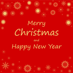 Fototapeta na wymiar text Merry Christmas and Happy New Year with golden snowflakes on a red background