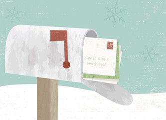 A mailbox and stack of letters for Santa in a cut paper style with textures
