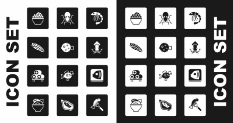 Set Shrimp, Fish hedgehog, steak, Caviar, Octopus, head and Sushi on cutting board icon. Vector