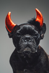 Purebred bulldog with red demon horns on its head