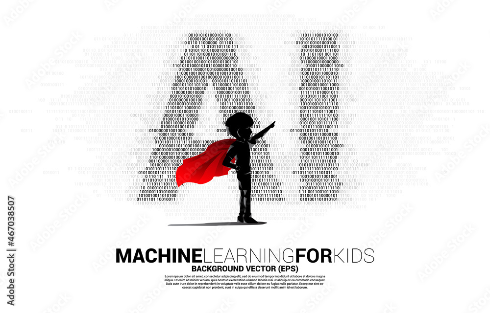 Aufkleber Silhouette of kid in superhero suit with dot zero and one binary code shaped AI. Concept for machine learning and artificial intelligence for future.