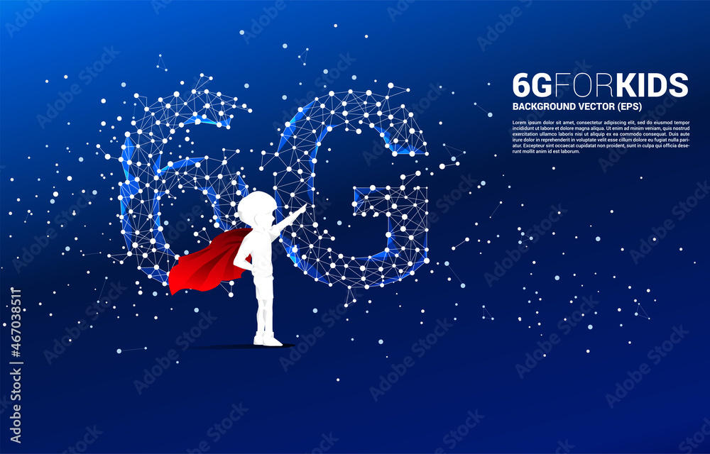 Aufkleber silhouette of kid in superhero suit with polygon dot connect line shaped 6g mobile network. concept 