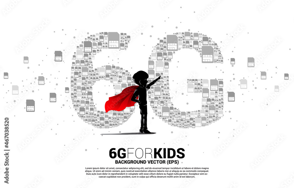 Poster silhouette of kid in superhero suit with with 6g from mobile sim card networking. concept for mobile