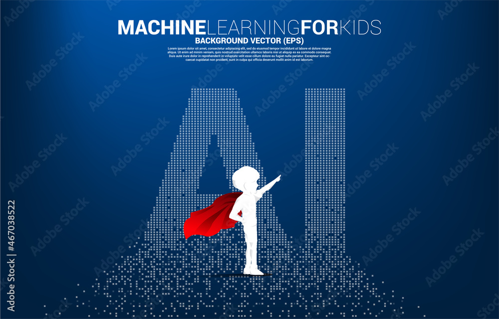 Poster Silhouette of kid in superhero suit with pixel shaped AI. Concept for machine learning and artificial intelligence for future.