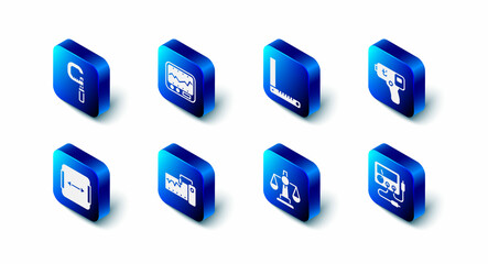 Set Measuring instrument, Corner ruler, Digital thermometer, Multimeter, voltmeter, Scales of justice, Area measurement and Micrometer icon. Vector