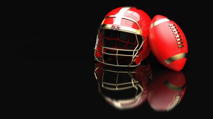 American football Gold-Red helmet and Gold-Red Ball under black laser lighting. 3D illustration. 3D CG. 3D high quality rendering.