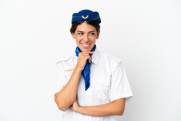 Airplane stewardess caucasian woman isolated on white background looking to the side