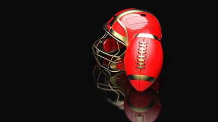 American football Gold-Red helmet and Gold-Red Ball under black laser lighting. 3D illustration. 3D CG. 3D high quality rendering.