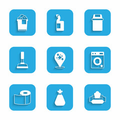 Fototapeta premium Set Home cleaning service, Garbage bag, Wet wipe pack, Washer, Toilet paper roll, Rubber plunger, Trash can and Bucket with foam icon. Vector