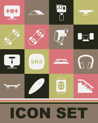Set Skateboard stairs with rail, Headphones, wheel, Action camera, Longboard or skateboard, and helmet icon. Vector