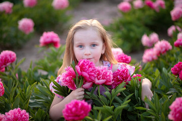 Little beautiful girl in a peony field on sunset background.