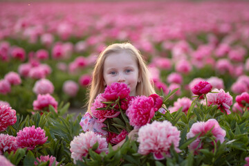 Fototapeta premium Little beautiful girl in a peony field on sunset background.