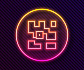 Glowing neon line QR code sample for smartphone scanning icon isolated on black background. Vector