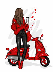 Beautiful girl in stylish clothes and a vintage moped. Fashion and style, clothing and accessories. Vector illustration. - 467041359