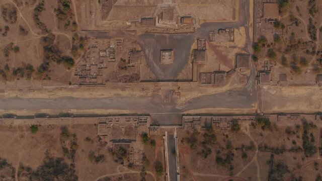 Aerial birds eye overhead top down panning footage of Pyramid of the Sun.Ancient site with architecturally significant Mesoamerican pyramids, Teotihuacan, Mexico
