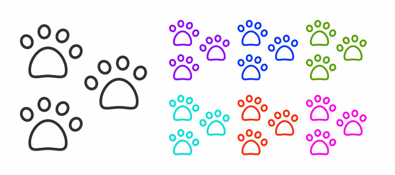 Black line Paw print icon isolated on white background. Dog or cat paw print. Animal track. Set icons colorful. Vector