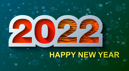 Postcard dedicated to the year 2022 of the tiger, Striped numbers 22, Snow in the background, Vector modern minimalist Happy new year card for 2022 Year, 2022 a Happy New Year greetings Jubilee