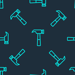 Green line Hammer icon isolated seamless pattern on blue background. Tool for repair. Vector