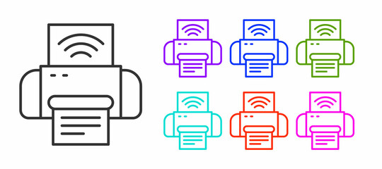 Black line Smart printer system icon isolated on white background. Internet of things concept with wireless connection. Set icons colorful. Vector