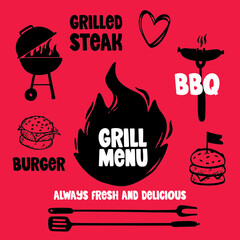 Set of hand-drawn elements, barbecue tools. Grill menu label. Hand drawn bbq vectors.