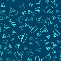 Green line Windsurfing icon isolated seamless pattern on blue background. Vector