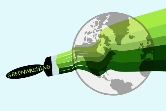 Greenwashing the  World, the World being painted environmentally green with a greenwash paintbrush concept illustration, governments and companies misleading public with false eco claims